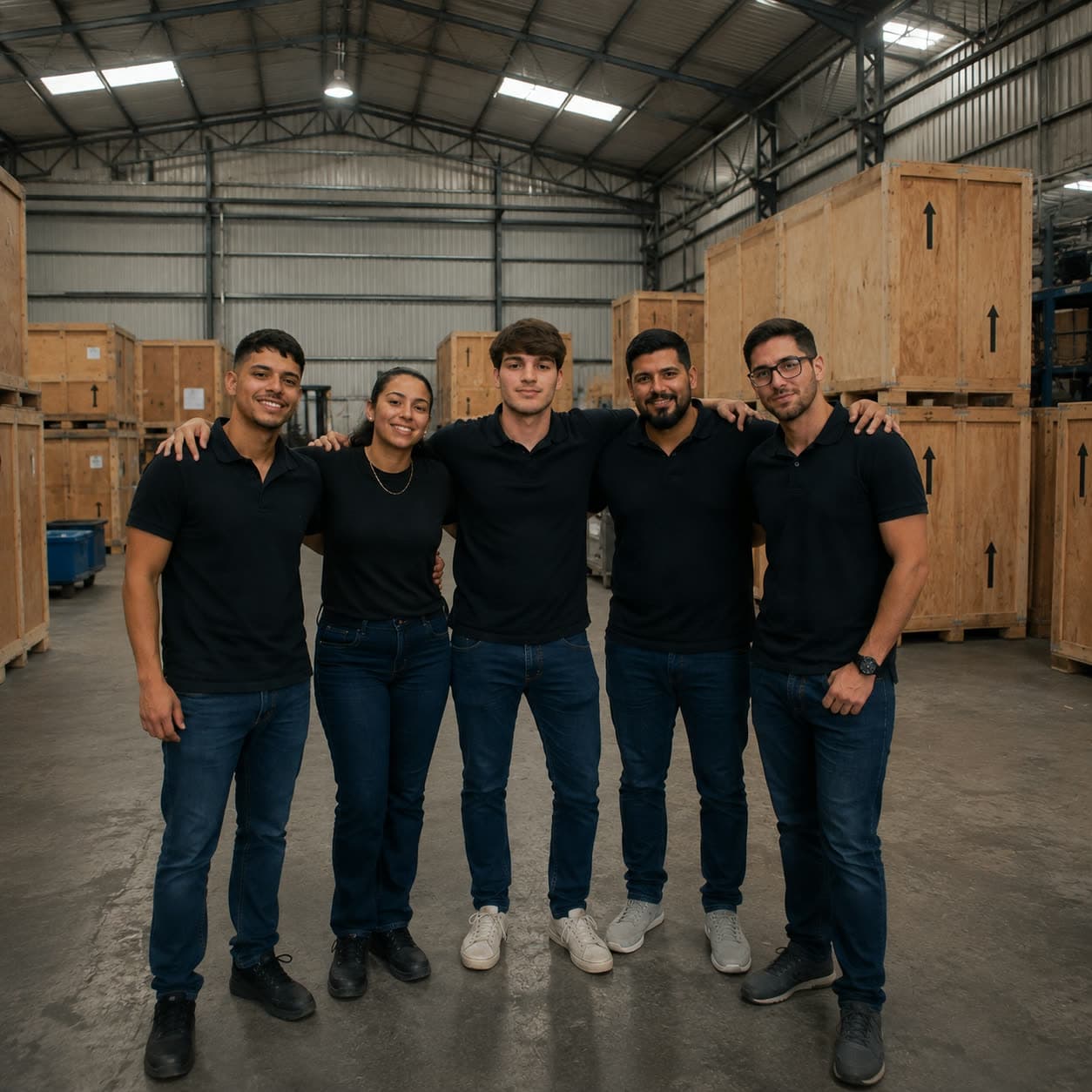 El equipo de Bluewave Logistic en el depósito, junto a las cajas preparadas para envío